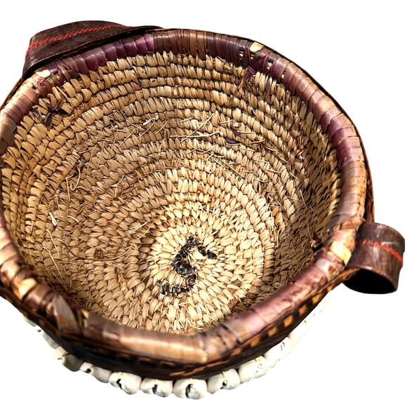 Antique African Tribal Art Hausa Cowrie Shell Hand Basket 8" Leather Handle Trim - Picture 11 of 12